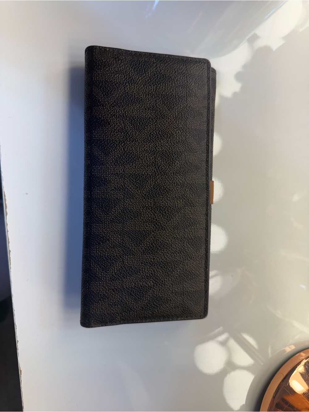 Michael Kors Dark Brown Monogram Clutch Wallet with Tan Strap - Picture 2 of 6